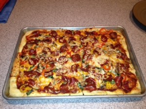 Mushroom, Turkey Pepperoni, Onion, Red and Yellow Pepper, and Basil Pizza